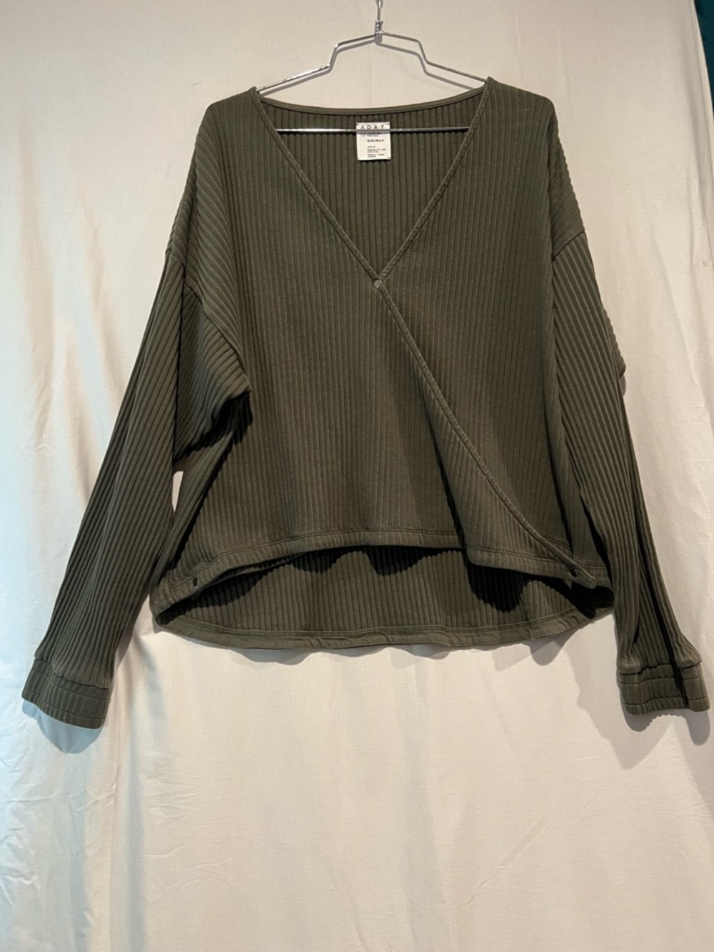 ADAY Cozy UP Olive Ribbed Wrap Pullover Jacket Cardigan Long Sleeve button XL